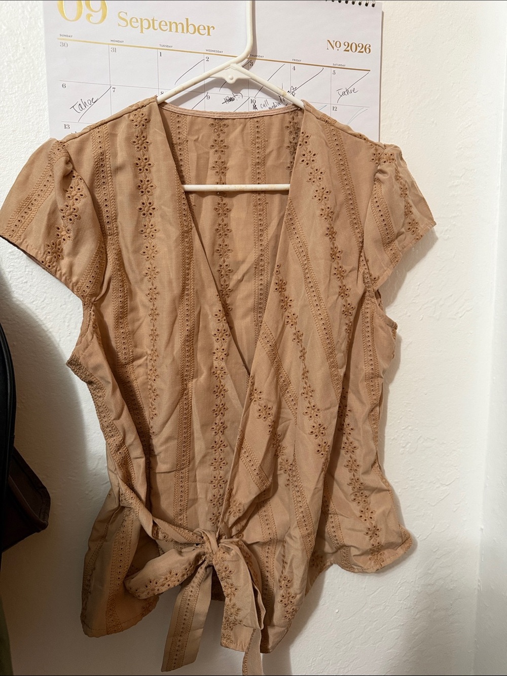 SHEIN Beige Eyelet Tie-Front Wrap Blouse
